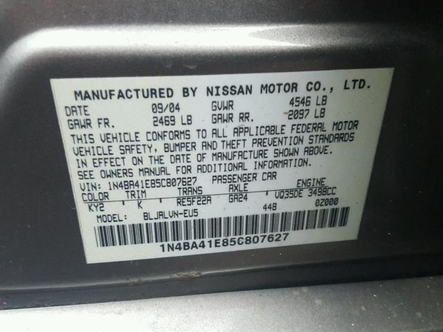 1N4BA41E85C807627 - 2005 NISSAN MAXIMA SE GRAY photo 10