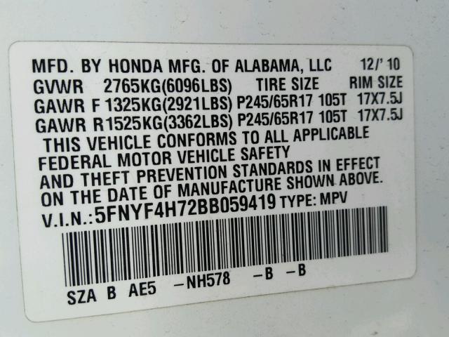 5FNYF4H72BB059419 - 2011 HONDA PILOT EXLN WHITE photo 10