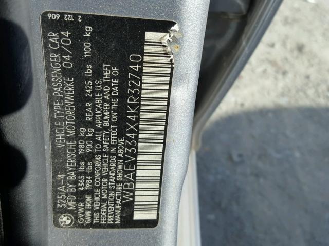 WBAEV334X4KR32740 - 2004 BMW 325 I SILVER photo 10