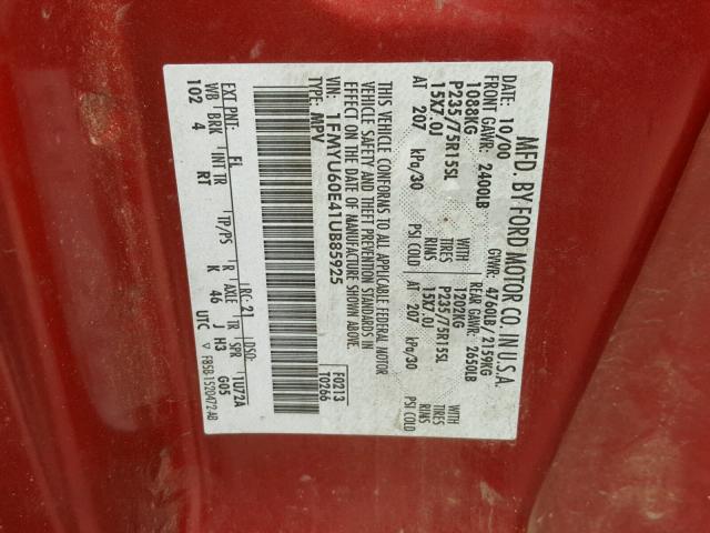 1FMYU60E41UB85925 - 2001 FORD EXPLORER S 红色 照片 10