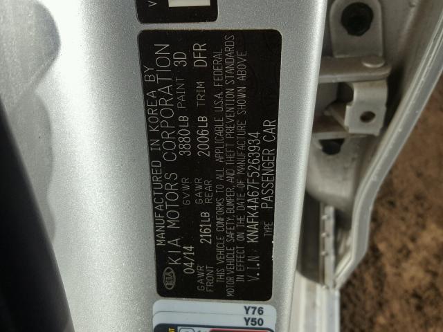 KNAFK4A67F5263934 - 2015 KIA FORTE LX SILVER photo 10