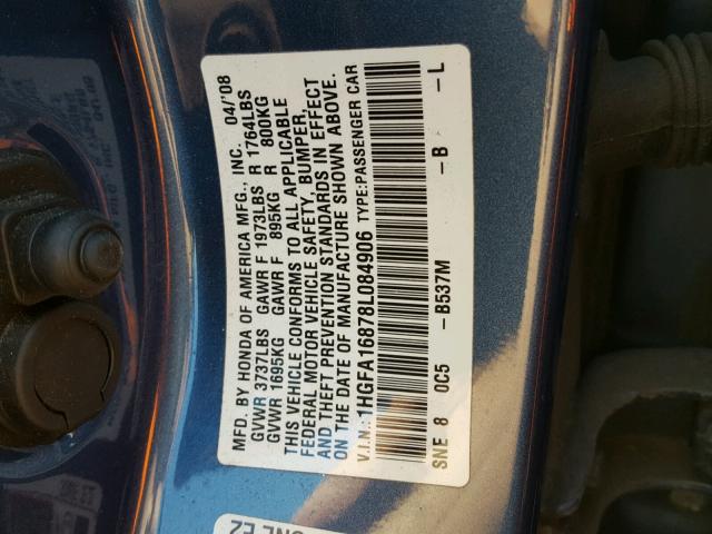 1HGFA16878L084906 - 2008 HONDA CIVIC EX Mavi foto 10