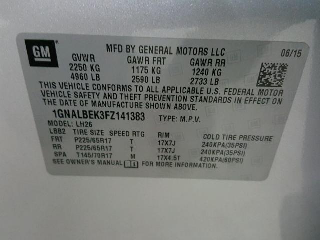 1GNALBEK3FZ141383 - 2015 CHEVROLET EQUINOX LT SILVER photo 10