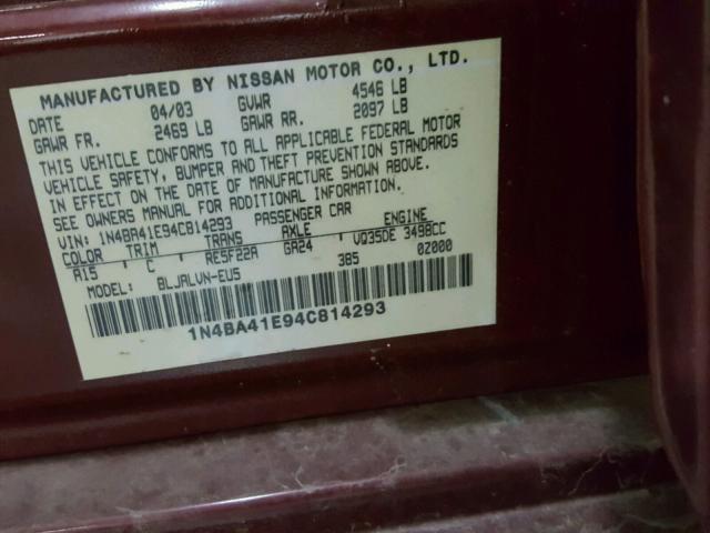 1N4BA41E94C814293 - 2004 NISSAN MAXIMA SE RED photo 10