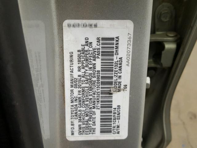 2T1KR32E13C069038 - 2003 TOYOTA MATRIX SILVER photo 10