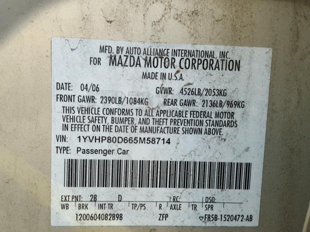 1YVHP80D665M58714 - 2006 MAZDA 6 S 金色 照片 10