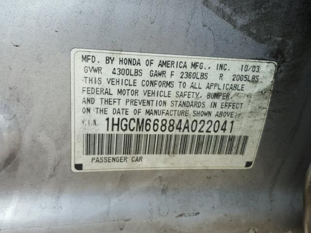 1HGCM66884A022041 - 2004 HONDA ACCORD EX SILVER photo 10