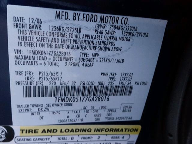 1FMDK05177GA28016 - 2007 FORD FREESTYLE BLUE photo 10