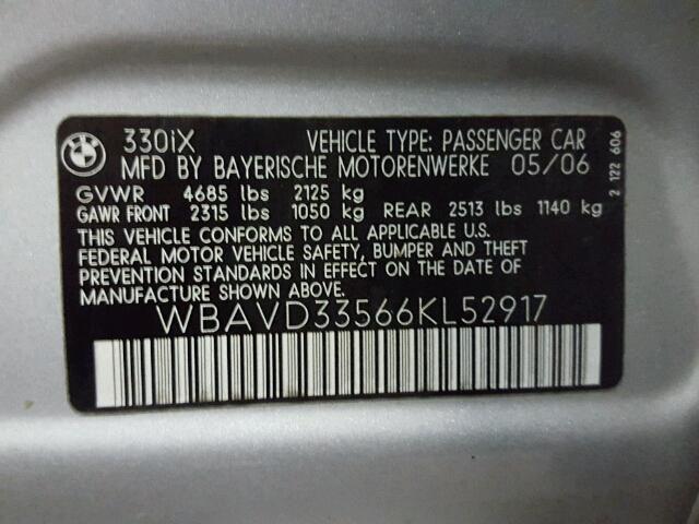 WBAVD33566KL52917 - 2006 BMW 330 XI SILVER photo 10