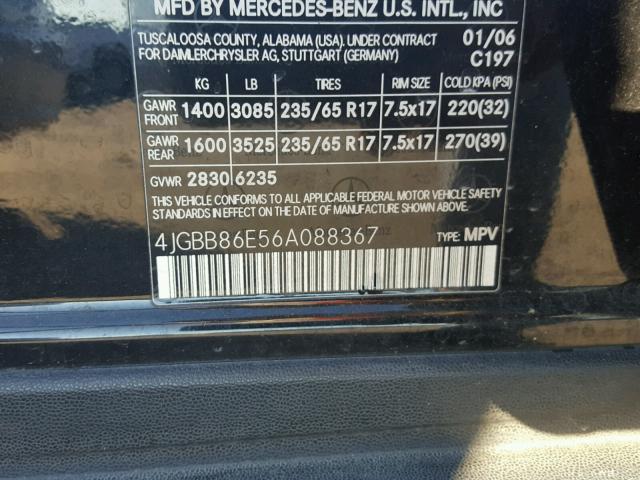 4JGBB86E56A088367 - 2006 MERCEDES-BENZ ML 350 BLACK photo 10