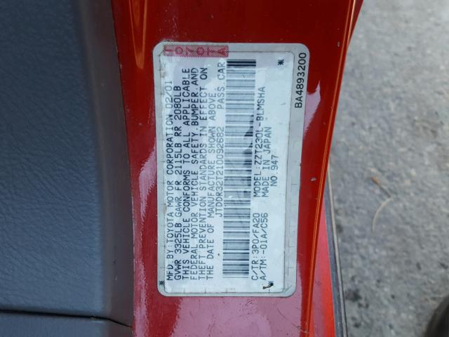 JTDDR32T210092682 - 2001 TOYOTA CELICA GT RED photo 10