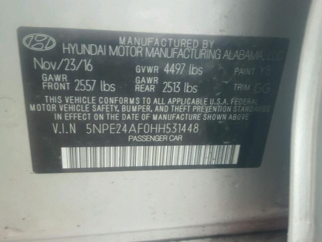 5NPE24AF0HH531448 - 2017 HYUNDAI SONATA SE SILVER photo 10