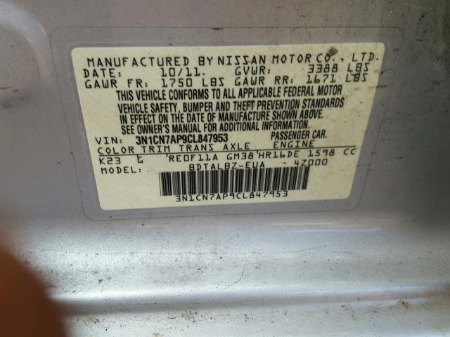 3N1CN7AP9CL847953 - 2012 NISSAN VERSA S SILVER photo 10