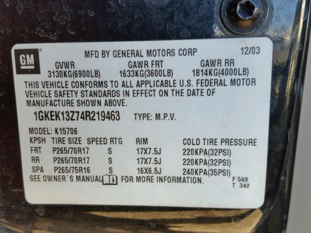 1GKEK13Z74R219463 - 2004 GMC YUKON BLACK photo 10