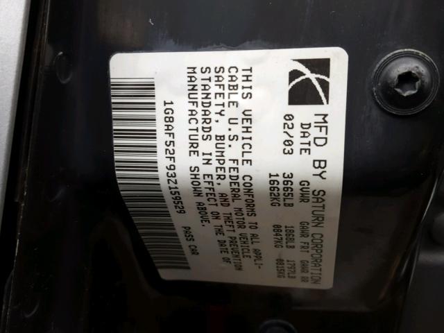 1G8AF52F93Z159529 - 2003 SATURN ION LEVEL SILVER photo 10