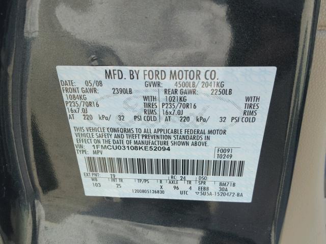 1FMCU03108KE52094 - 2008 FORD ESCAPE XLT GRAY photo 10