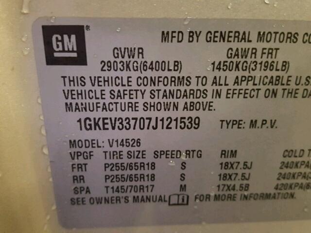 1GKEV33707J121539 - 2007 GMC ACADIA SLT თაფლისფერი ფოტო 10