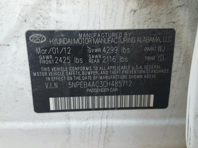 5NPEB4AC3CH485712 - 2012 HYUNDAI SONATA GLS WHITE photo 10