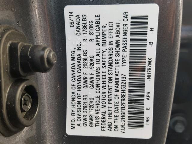 2HGFB2F98EH532137 - 2014 HONDA CIVIC EXL GRAY photo 10