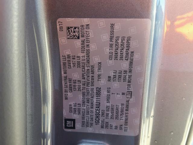 1GCHSCEA0J1118562 - 2018 CHEVROLET COLORADO L GRAY photo 10