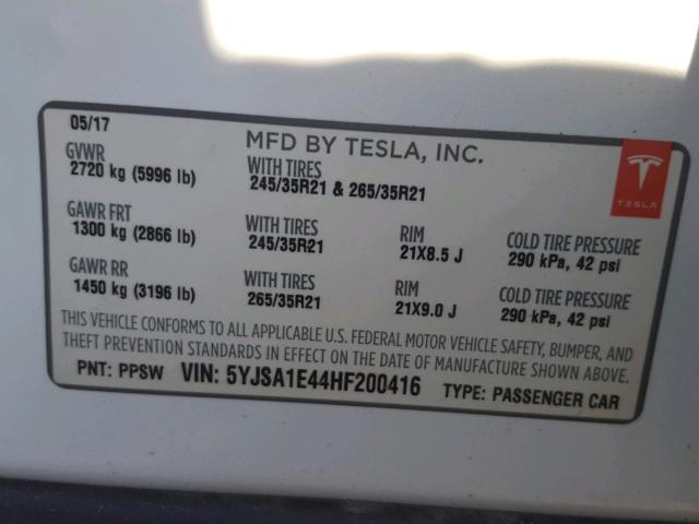 5YJSA1E44HF200416 - 2017 TESLA MODEL S WHITE photo 10