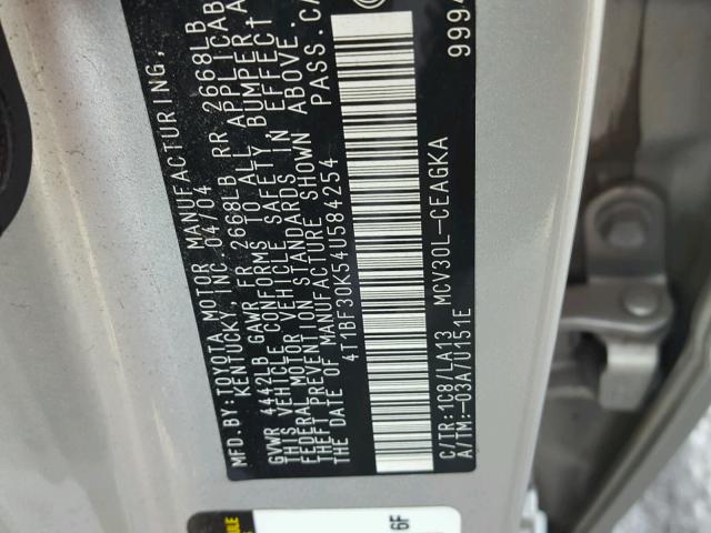 4T1BF30K54U584254 - 2004 TOYOTA CAMRY LE SILVER photo 10