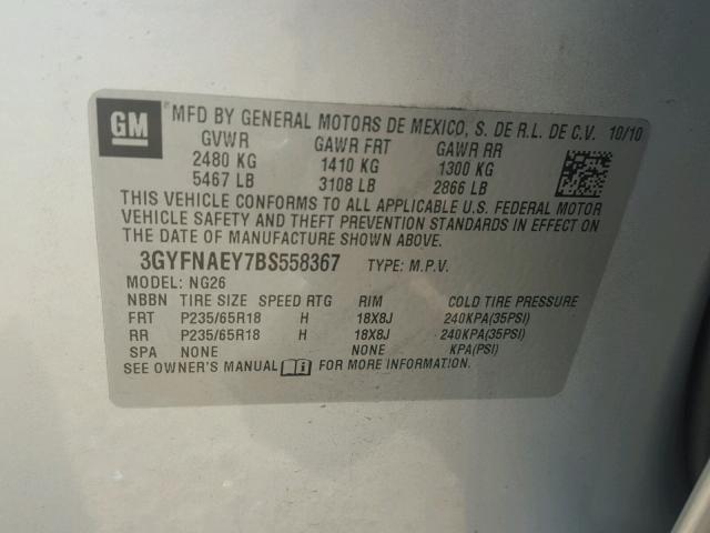 3GYFNAEY7BS558367 - 2011 CADILLAC SRX LUXURY SILVER photo 10