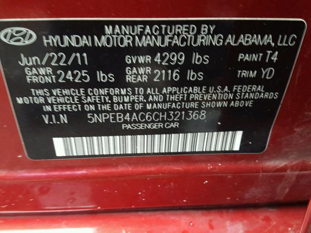 5NPEB4AC6CH321368 - 2012 HYUNDAI SONATA GLS RED photo 10