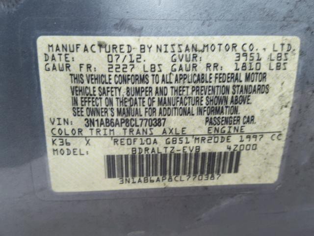 3N1AB6AP8CL770387 - 2012 NISSAN SENTRA 2.0 SILVER photo 10