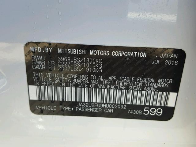 JA32U2FU9HU002092 - 2017 MITSUBISHI LANCER ES WHITE photo 10