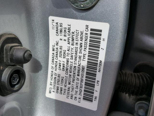 2HGFB2F99FH510987 - 2015 HONDA CIVIC EXL 银色 照片 10