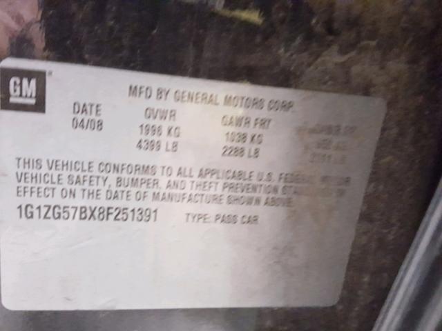 1G1ZG57BX8F251391 - 2008 CHEVROLET MALIBU LS შავი ფოტო 10