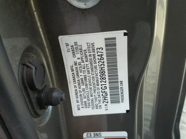 2HGFG12898H526473 - 2008 HONDA CIVIC EX GRAY photo 10