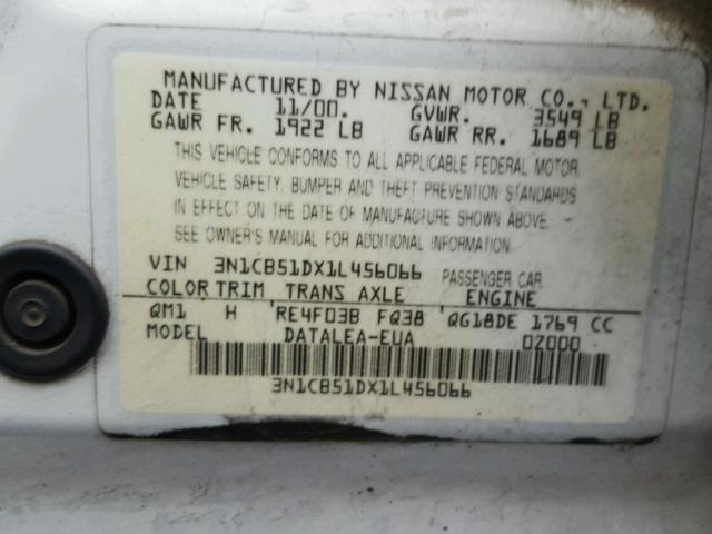 3N1CB51DX1L456066 - 2001 NISSAN SENTRA XE WHITE photo 10