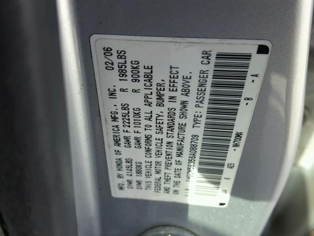 1HGCM56356A088709 - 2006 HONDA ACCORD SE SILVER photo 10