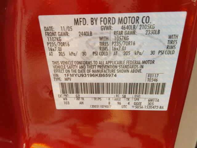 1FMYU93196KB65974 - 2006 FORD ESCAPE XLT RED photo 10