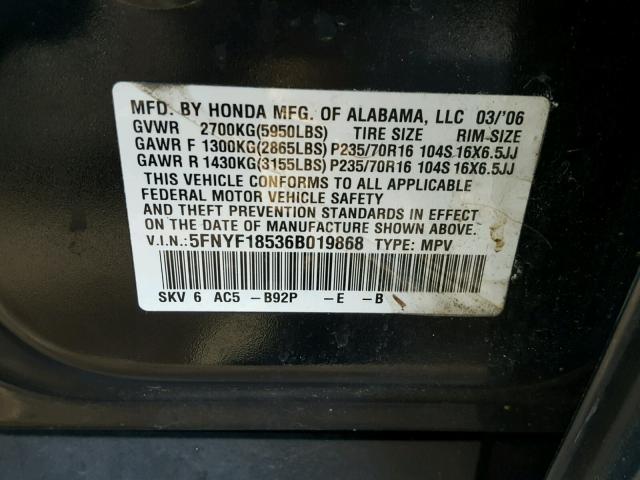 5FNYF18536B019868 - 2006 HONDA PILOT EX BLACK photo 10