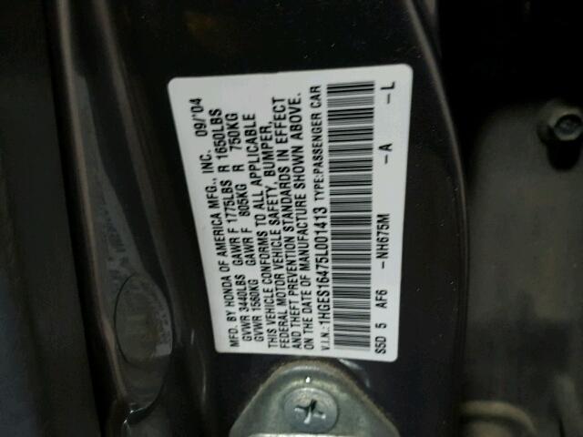 1HGES16475L001413 - 2005 HONDA CIVIC DX GRAY photo 10