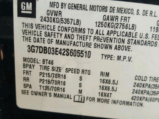 3G7DB03E42S605510 - 2002 PONTIAC AZTEK BLACK photo 10