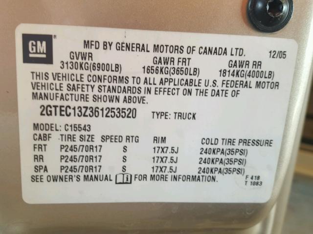 2GTEC13Z361253520 - 2006 GMC NEW SIERRA GOLD photo 10