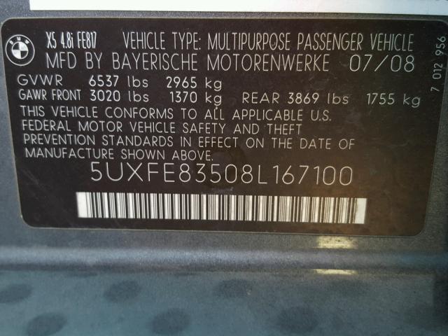 5UXFE83508L167100 - 2008 BMW X5 4.8I GRAY photo 10