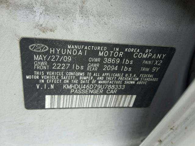 KMHDU46D79U788333 - 2009 HYUNDAI ELANTRA GL SILVER photo 10