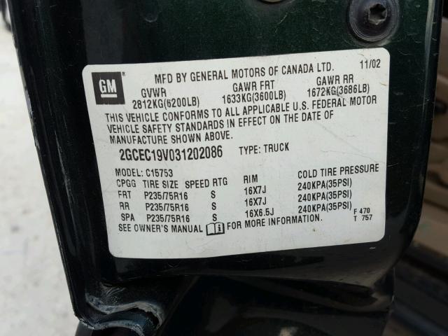 2GCEC19V031202086 - 2003 CHEVROLET SILVERADO GREEN photo 10