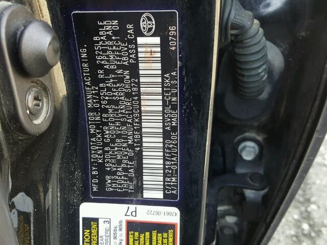 4T1BF1FK9CU041872 - 2012 TOYOTA CAMRY BASE BLACK photo 10