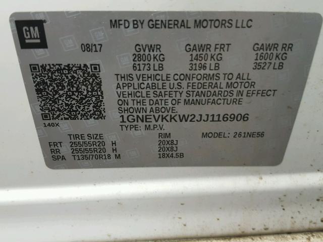 1GNEVKKW2JJ116906 - 2018 CHEVROLET TRAVERSE H WHITE photo 10