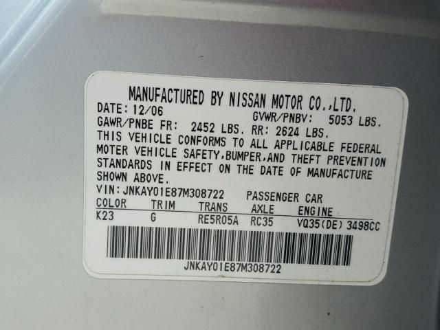 JNKAY01E87M308722 - 2007 INFINITI M35 BASE SILVER photo 10