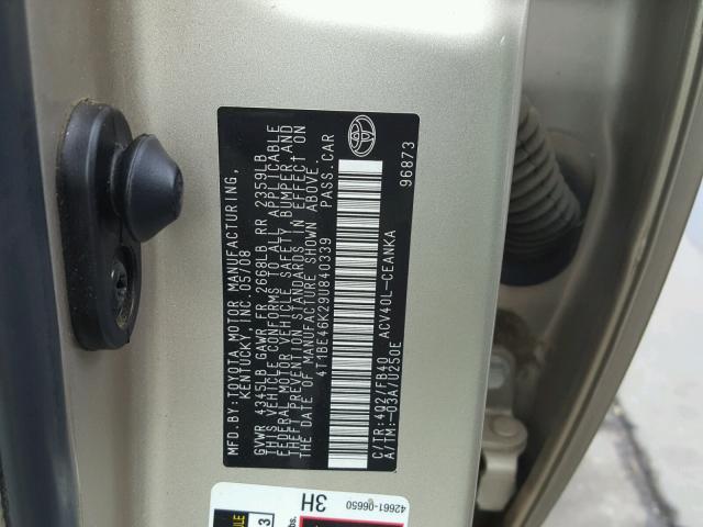 4T1BE46K29U840339 - 2009 TOYOTA CAMRY BASE GOLD photo 10