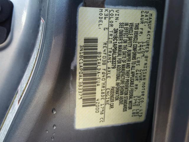 3N1BC1AP0AL383379 - 2010 NISSAN VERSA S GRAY photo 10