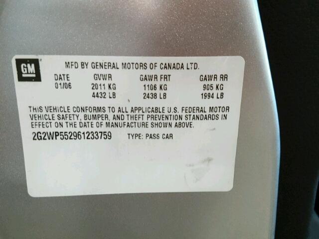 2G2WP552961233759 - 2006 PONTIAC GRAND PRIX SILVER photo 10