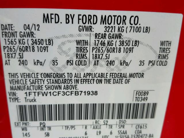 1FTFW1CF3CFB71938 - 2012 FORD F150 SUPER RED photo 10